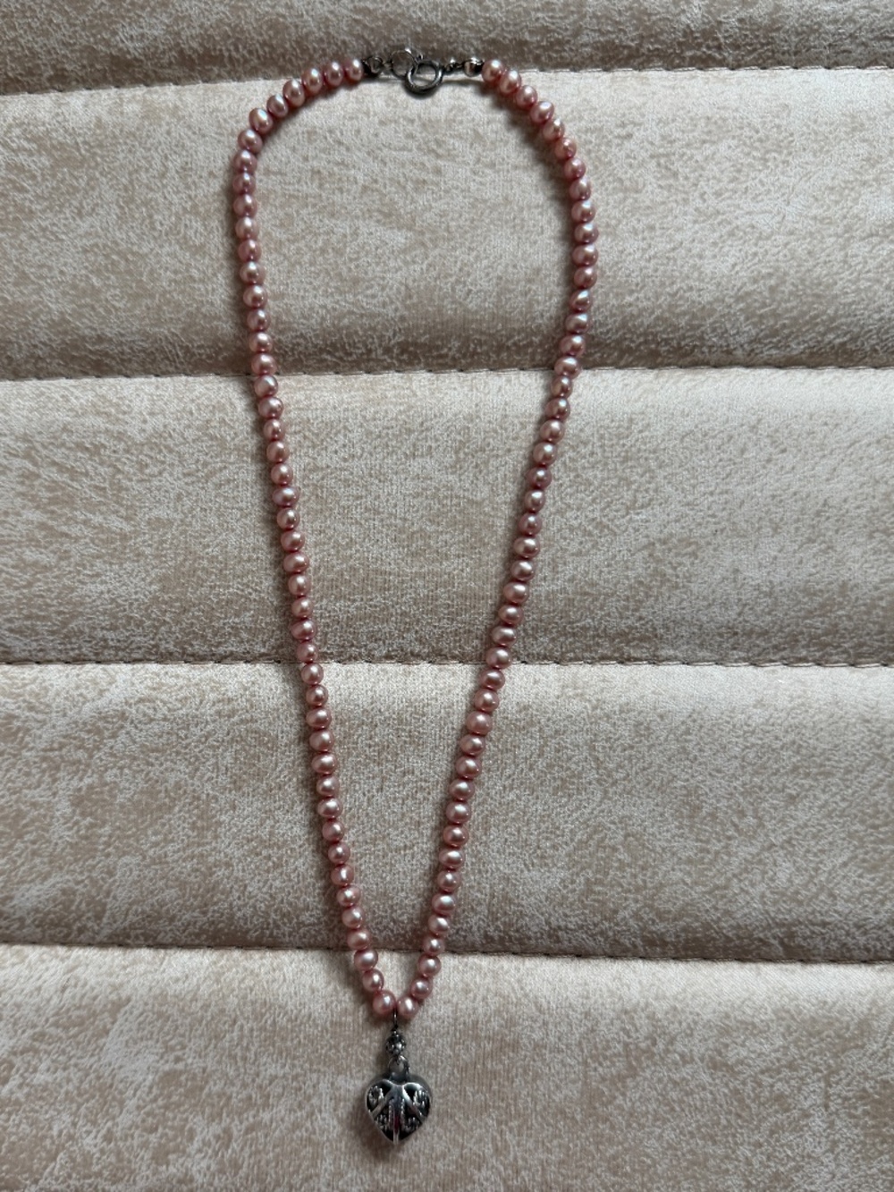 Vintage 925 Sterling Silver Pink Freshwater Pearl Filigree Heart Necklace 16"